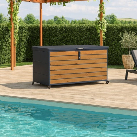 PREMIUM 650L metal rolling storage box, anthracite wood effect
